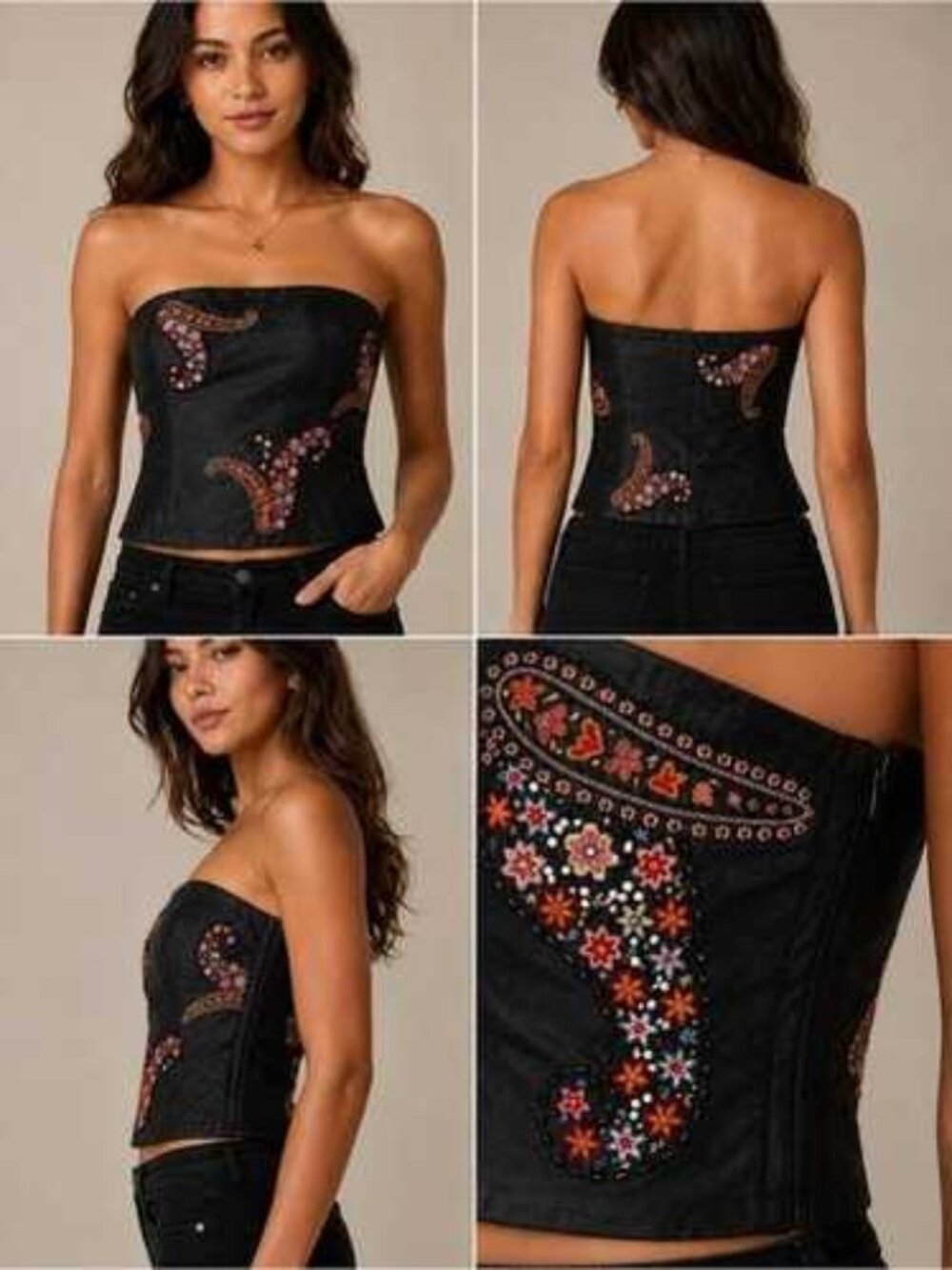 Ann Taylor Vtg. Y2K Black Silk Beaded Embroidered Strapless Corset Top Size 6
